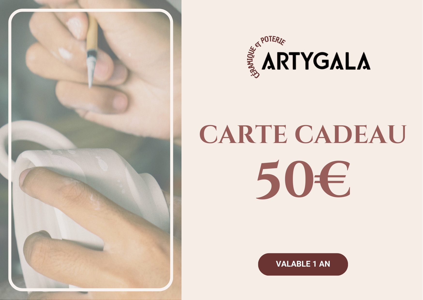 Artygala propose une carte cadeau d'une valeur de 50 euros et valable 1 an.